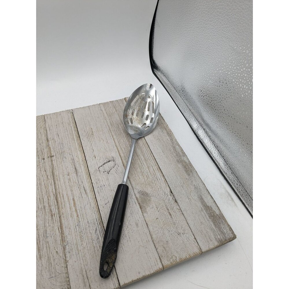 Vintage Ekco Black Handle Chromium Plate Serving Slotted Spoon  12 1/4"